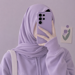 HOME Hijabi hide face Korean girl in a light purple hijab holding a purple Samsung Ultra 25.
