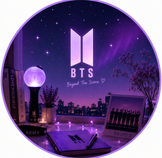 HOME Purple BTS-themed desk with ARMY Bomb, BTS logo, books, and decorations.